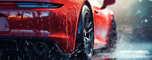 Nahaufnahme von Luxus-Sportwagenwaschstätte mit Süßwassertropfen Panorama Generative Ai