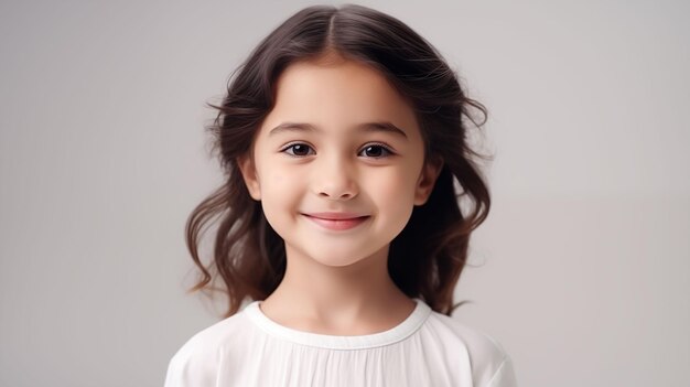 Nahaufnahme von Mädchen mit weißer Haut, braunem langem Haar, welligem Haar und einem klaren weißen T-Shirt, isoliert in