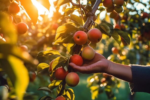 Nahaufnahme von männlichen Bauernhänden, die rote Äpfel pflücken, Obst, biologisches Ernten und Landwirtschaftskonzept, erzeugte KI
