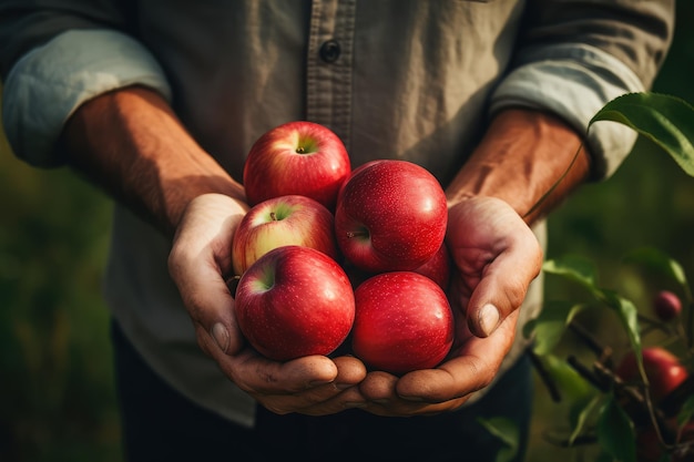 Nahaufnahme von männlichen Bauernhänden, die rote Äpfel pflücken