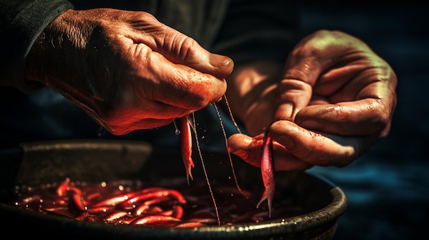 Nahaufnahme von männlichen Händen, die Köder auf Haken legen, um Fische mit Angeln zu fangen