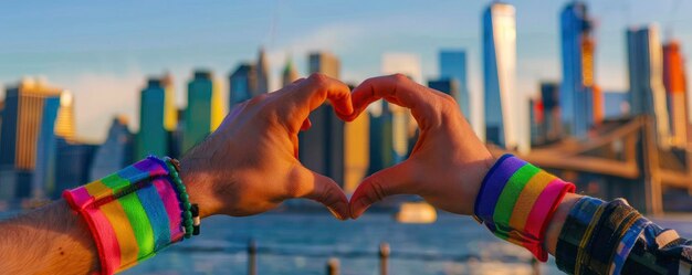 Foto nahaufnahme von männlichen händen in regenbogenarmbändern, die eine herzform bilden, mit der skyline von new york city im hintergrund