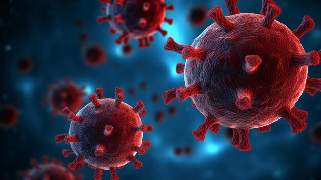 Nahaufnahme von Makrodetails rot-blauer Mikrobenmoleküle Virusbakterien Coronavirus-Ausbruch COVID19 Medizinkonzept Ai generative Illustration
