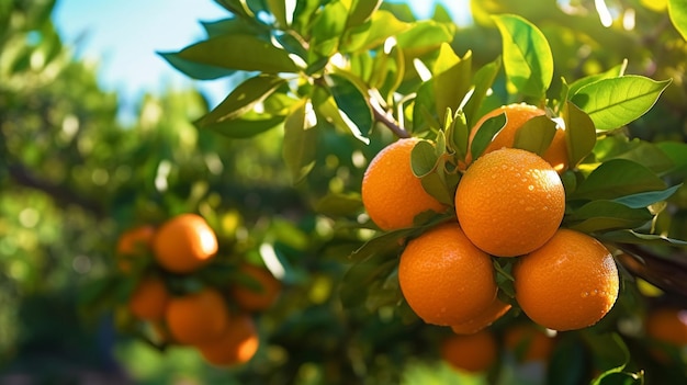 Nahaufnahme von Mandarinen am Baum mit Tautropfen