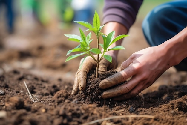 Nahaufnahme von Menschen, die Bäume pflanzen oder in einem Gemeinschaftsgarten arbeiten