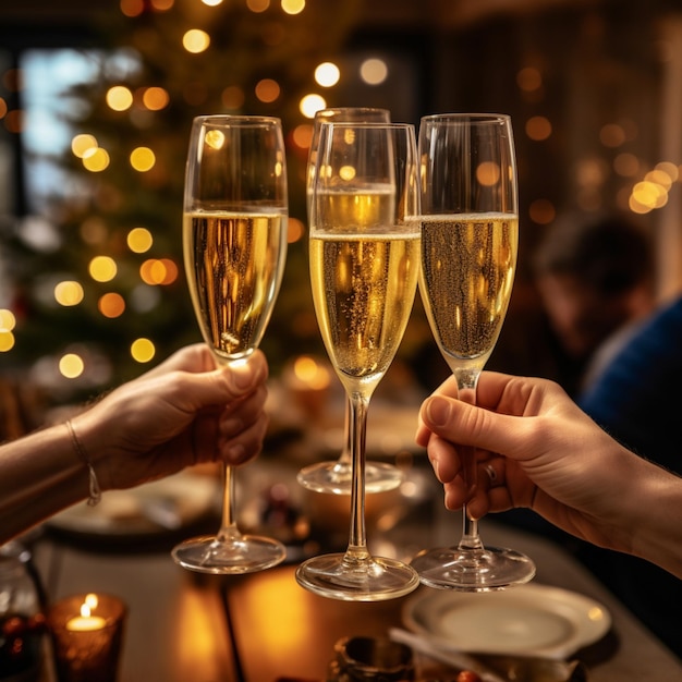 Nahaufnahme von Menschen, die mit Weihnachtschampagnerglas toasten