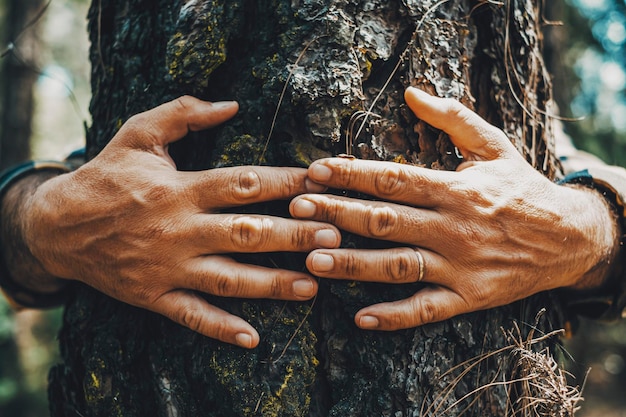 Nahaufnahme von Menschenhänden, die einen Baumstamm mit Liebe und Schutzkonzept umarmen. Stoppen Sie die Entwaldung und den Klimawandel. Der Tag der globalen Erwärmung