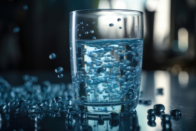 Nahaufnahme von Mikroplastikpartikeln, die in einem Glas Wasser treiben, das mit generativer KI erzeugt wurde