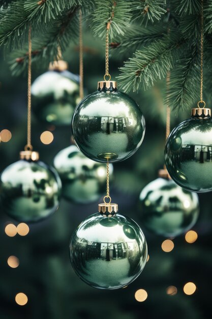 Nahaufnahme von minimalistischen Schmuckstücken, die an einem von KI generierten Weihnachtsbaum hängen