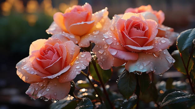Nahaufnahme von mit Tau bedeckten Rosen in einem Garten bei Tagesanbruch weiches Sonnenlicht verstärkt die lebendigen Farben und de