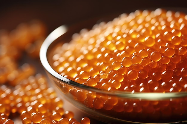 Nahaufnahme von molekularen Kaviarperlen, die den Hintergrund der Schüssel mit leerem Platz für Text garnieren