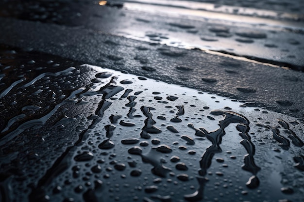 Nahaufnahme von nassem Asphalt mit Wassertropfen und Wellen im Hintergrund