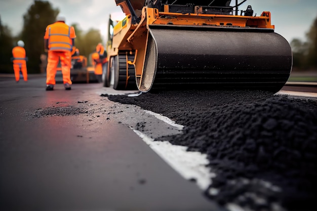 Nahaufnahme von neuem Asphalt, der auf beschädigter Straßenoberfläche verlegt wird