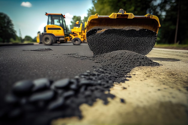 Nahaufnahme von neuem Asphalt, der auf beschädigter Straßenoberfläche verlegt wird