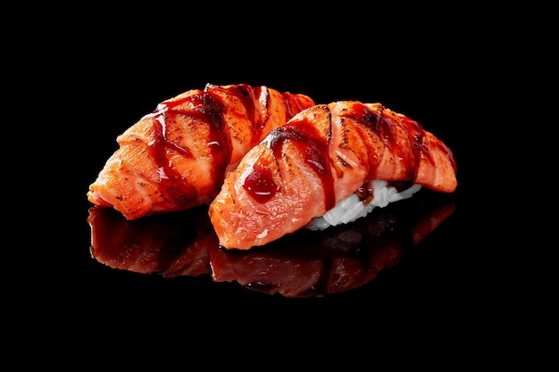 Nahaufnahme von Nigiri-Sushi mit gebratenem Lachs und Unagi-Sauce auf schwarzem Hintergrund isoliert