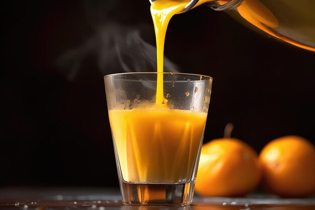 Nahaufnahme von Orangensaft, der in ein Glas gegossen wird