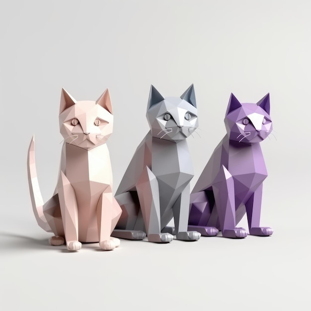 Nahaufnahme von Origami-Figuren von Katzen auf weißem Hintergrund, die mit generativer KI-Technologie erstellt wurden