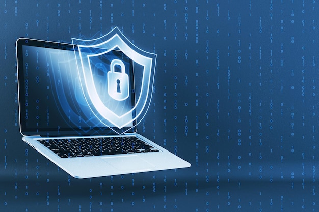 Nahaufnahme von PC mit kreativem digitalen Sicherheitsschloss und Schildhologramm auf verschwommenem Binärcode-Hintergrund Sicheres Sicherheits- und Identifikationskonzept 3D-Rendering
