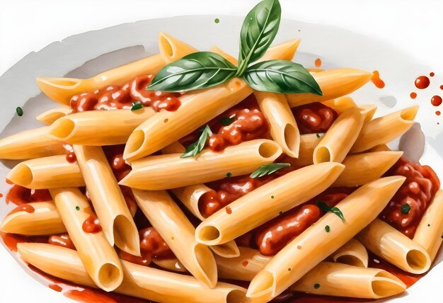Nahaufnahme von Penne-Pasta mit roter Soße, garniert mit Basilikum und einem Zweig Rosmarin