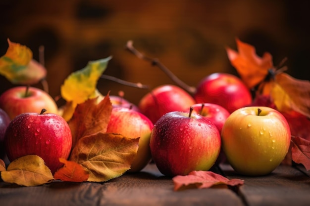 Nahaufnahme von Äpfeln mit bunten Herbstblättern als Hintergrund, die mit generativer AI erstellt wurden