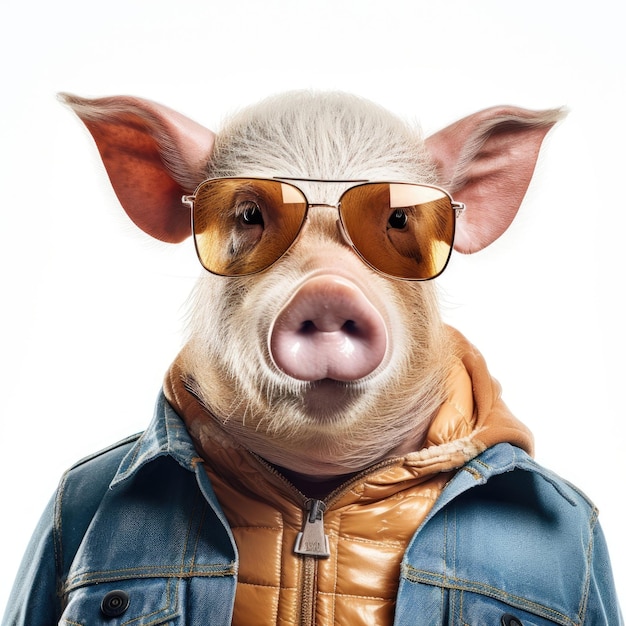 Nahaufnahme von Pig mit Sonnenbrille auf weißem Hintergrund