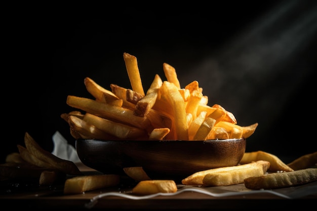 Nahaufnahme von Pommes Frites mit filmischer Beleuchtung