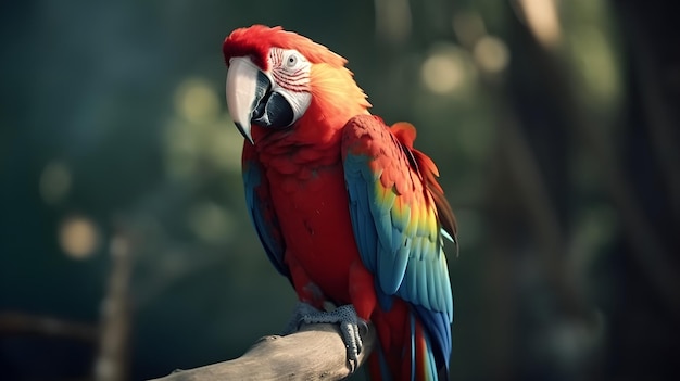 Nahaufnahme von Porträt Red Scarlet Macaw Papagei Vogel Natur verschwommen Bokeh Hintergrund