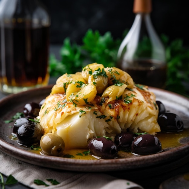 Nahaufnahme von portugiesischem Bacalhau mit Kartoffeln und Oliven