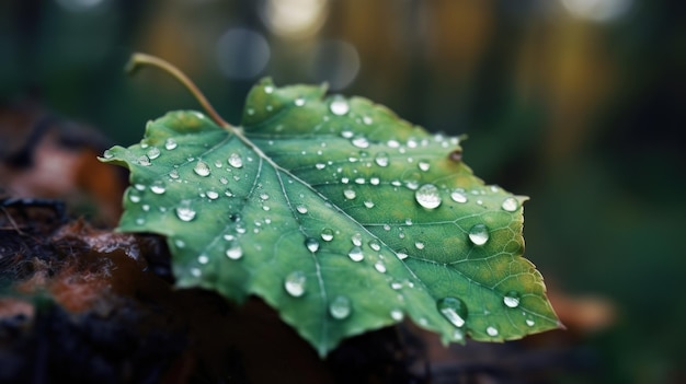 Nahaufnahme von Regentropfen auf grünem Blatt Generative KI