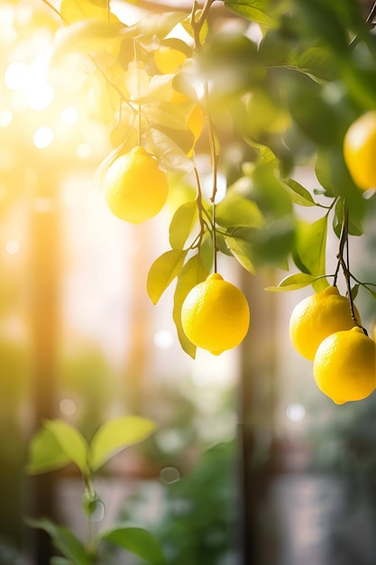Nahaufnahme von reifen gelben Zitronen, die an einem von Sonnenlicht beleuchteten Zitronenzweig hängen