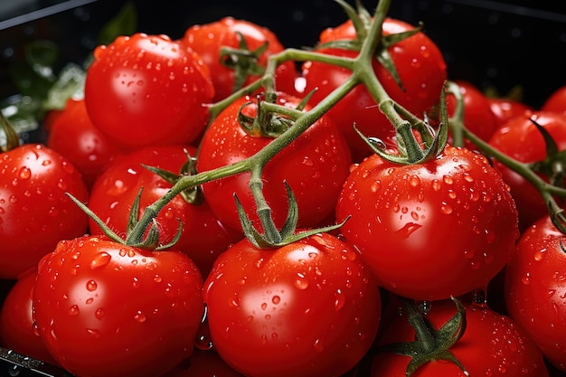 Nahaufnahme von reifen roten Kirschtomaten, die mit Wassertropfen bedeckt sind