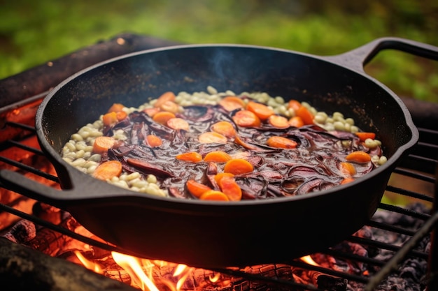 Nahaufnahme von Risotto, das in einer Gusseisenpfanne am Lagerfeuer gekocht wird, erstellt mit generativer AI