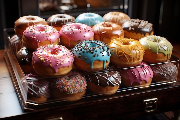 Nahaufnahme von rosa Donuts in der Bäckerei