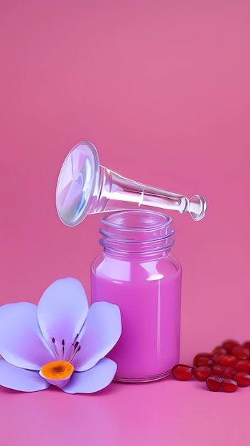 Nahaufnahme von rosa Kosmetikprodukten in einer Flasche und Blumen daneben