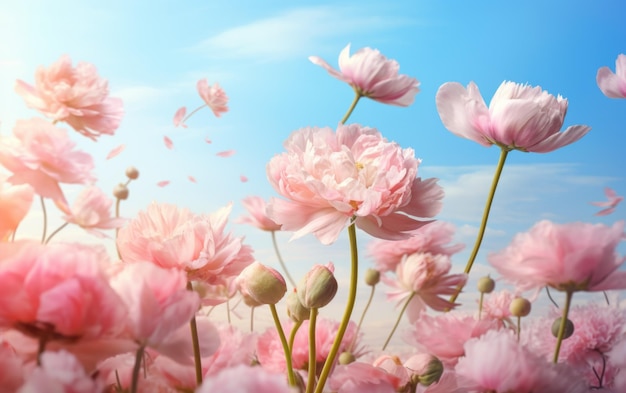 Nahaufnahme von rosa Pionblumen auf dem Feld auf einem blauen Himmelshintergrund