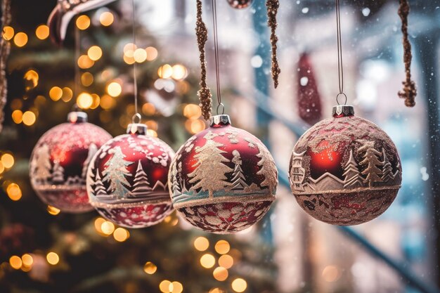 Foto nahaufnahme von roten schmuckstücken, die am weihnachtsbaum hängen