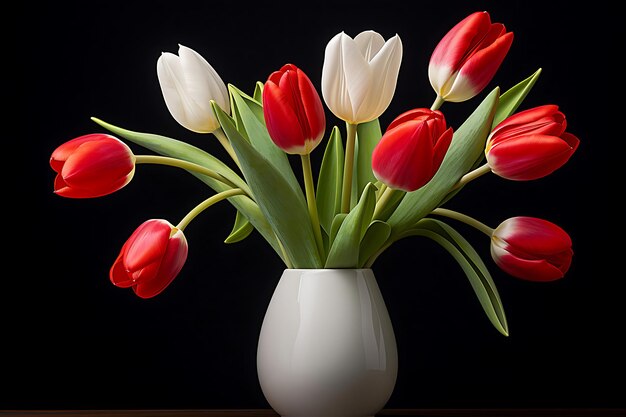 Nahaufnahme von roten und weißen Tulpen in einer Vase