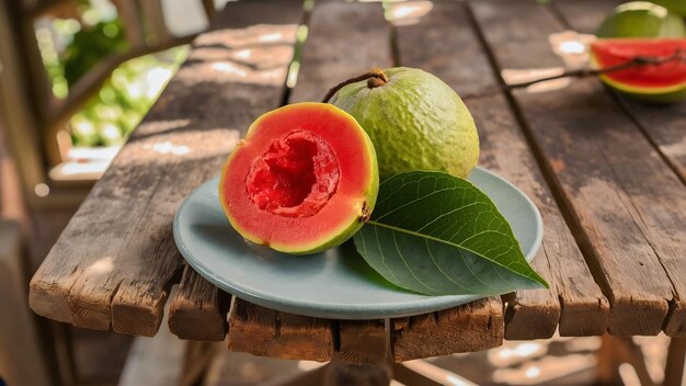 Nahaufnahme von roter Guave mit grünem Blatt auf einem rustikalen Holztisch