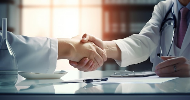 Nahaufnahme von Ärzten beim Handschlag Partnerschaftsvereinbarung in Nahaufnahme mit einem Mann im Anzug Medizinisches Konzept Generative KI