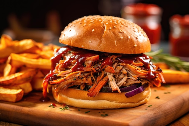 Nahaufnahme von saftig geräuchertem BBQ-Pulled-Pork, hergestellt mit generativer KI