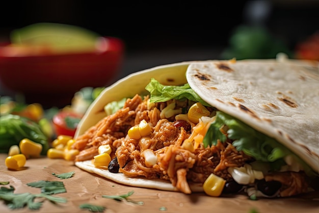 Nahaufnahme von saftigem und zartem Taco mit Maistortilla und sichtbaren Füllungen, erstellt mit generativer KI