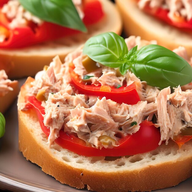 Nahaufnahme von Sandwiches mit Thunfischkonserven und Basilikum auf Frischkäse auf einem Teller