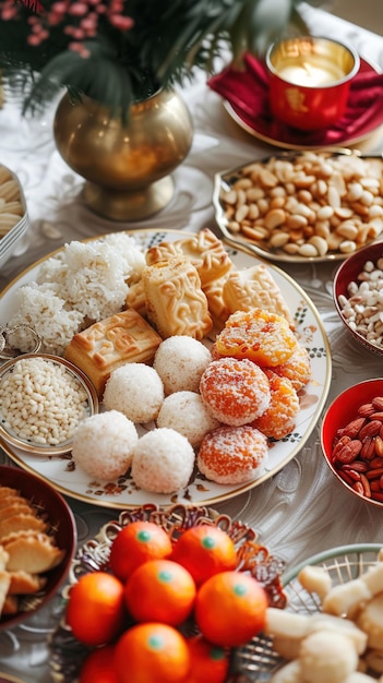 Nahaufnahme von schmackhaften chinesischen Neujahrsgütern, süßen Reiskuchen und Mandelkekse, die wunderschön angeordnet sind