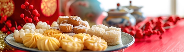 Nahaufnahme von schmackhaften chinesischen Neujahrsgütern, süßen Reiskuchen und Mandelkekse, die wunderschön angeordnet sind