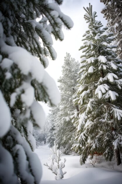 Nahaufnahme von schneebedeckten Kiefern im Winter mit Copyspace, der mit generativer KI erstellt wurde