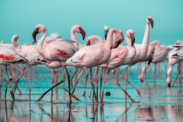 Nahaufnahme von schönen afrikanischen Flamingos, die mit Reflexion in stillem Wasser stehen