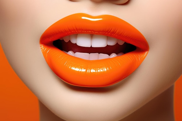 Foto nahaufnahme von schönen lächelnden lippengläsern einer frau mit orangefarbenem glänzendem lippenstift