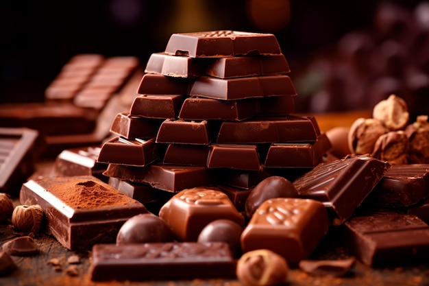 Nahaufnahme von Schokoladenquadraten in Stücken aus einer traditionellen Tafel oder Tafel Schokolade und Trüffeln