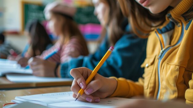 Foto nahaufnahme von schülerinnen, die in einem klassenzimmer notizen machen