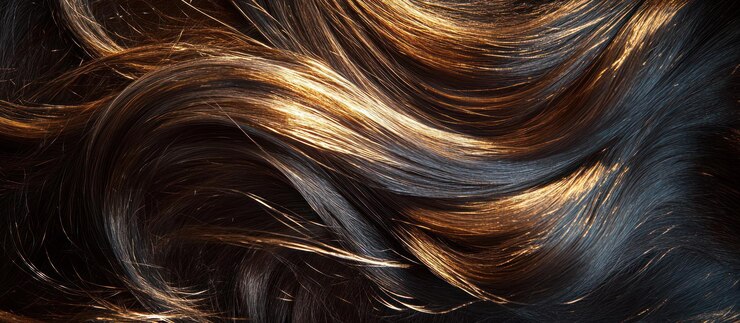 Nahaufnahme von seidenartigem, glänzendem, welligem, braunem Haar mit goldenen Highlights